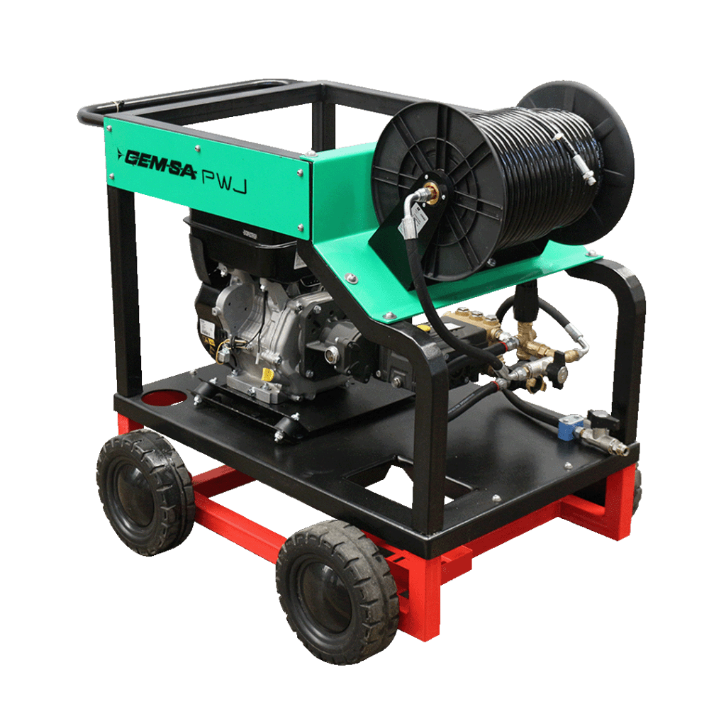 Green, black and red high pressure washer for drain cleaning